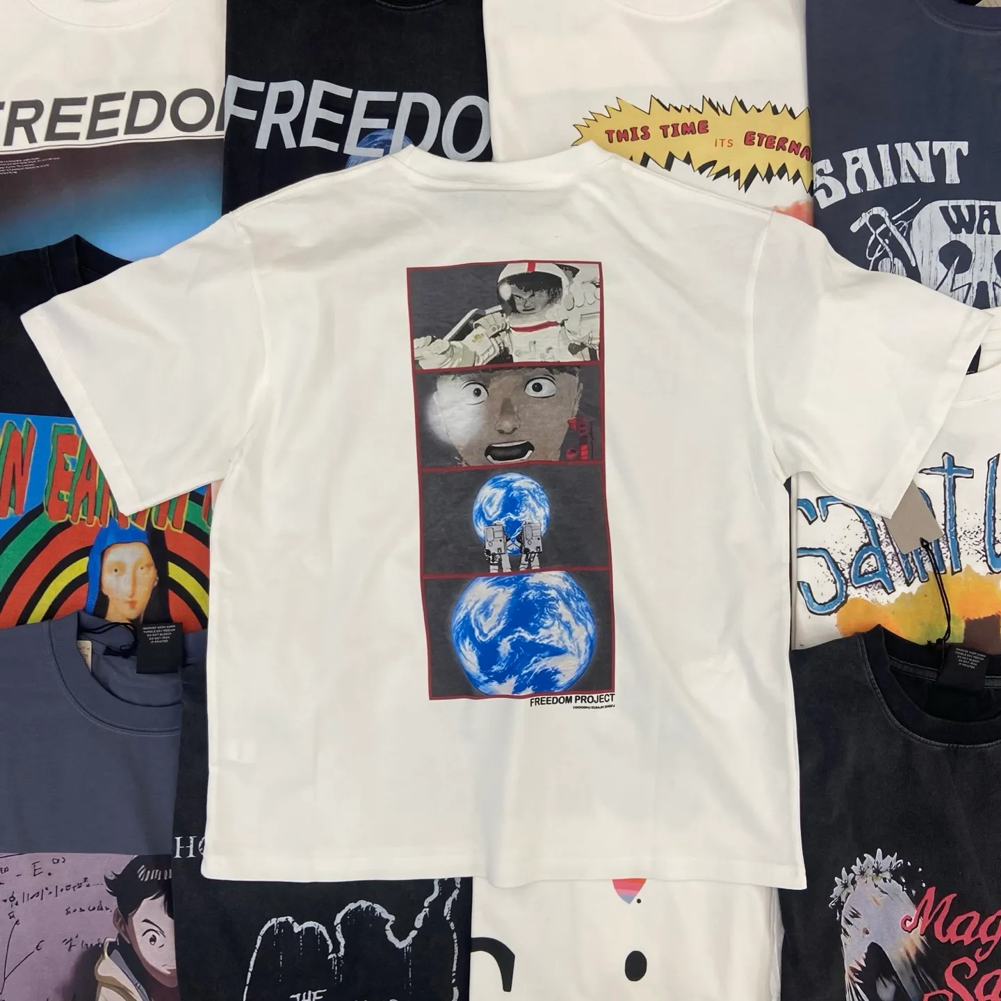 Saint Michael series of new American retro washed and distressed niche printed pure cotton loose short-sleeved T-shirts with digital white ink direct injection, breathable fabrics and three-dimensional and clear patterns. Fabric: Double yarn 240g Size: S-M-L-XL